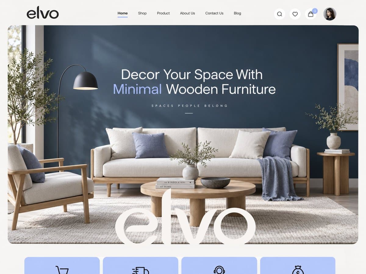 Elvo Shopify furniture store — minimal wooden furniture hero