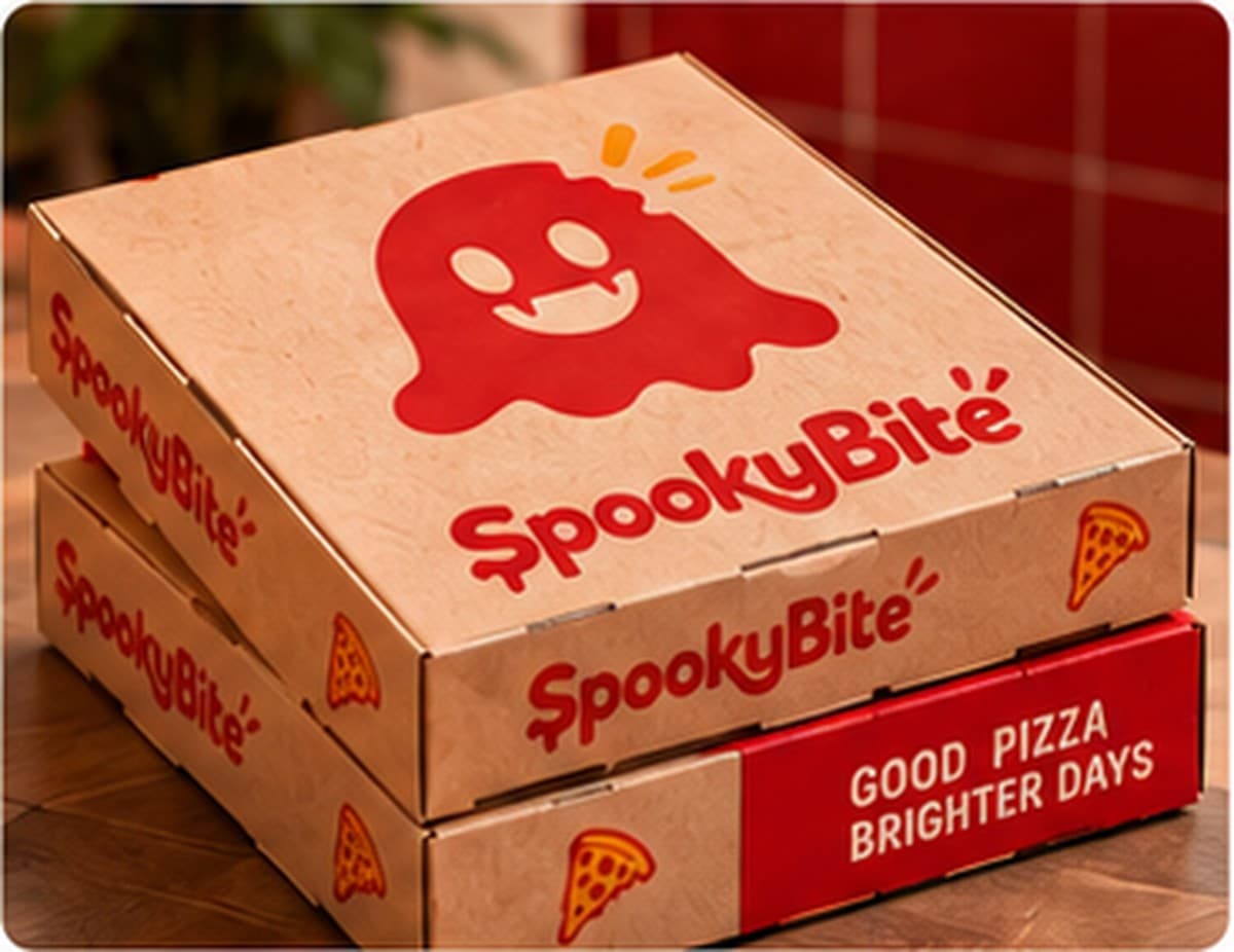 SpookyBite pizza brand identity — ghost mascot and packaging